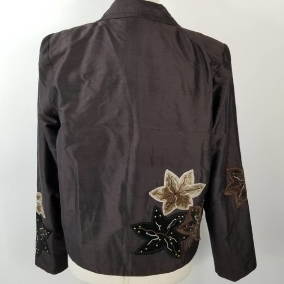 Anage Brown Cream Floral Embellished Silk Vintage Zip Up Lined Jacket Medium - Picture 3 of 6